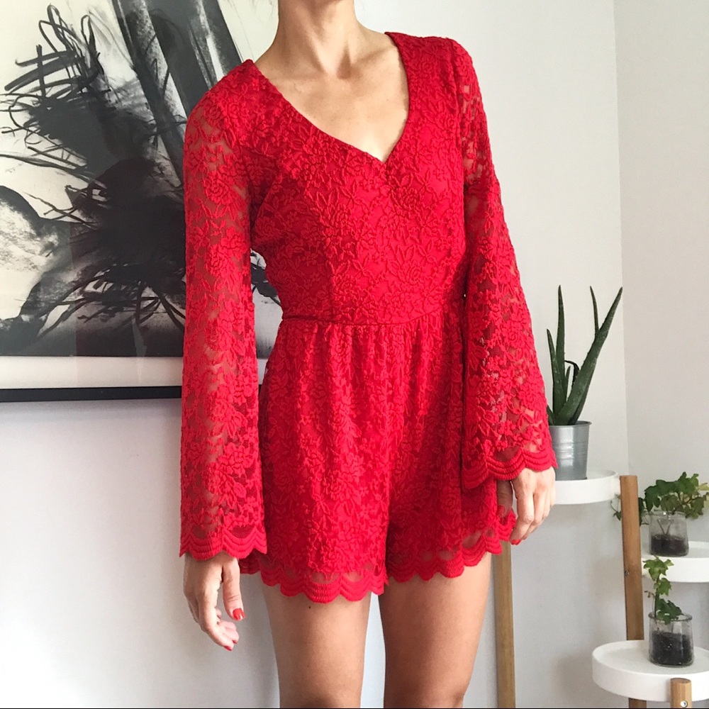 Red lace bell sleeve romper!